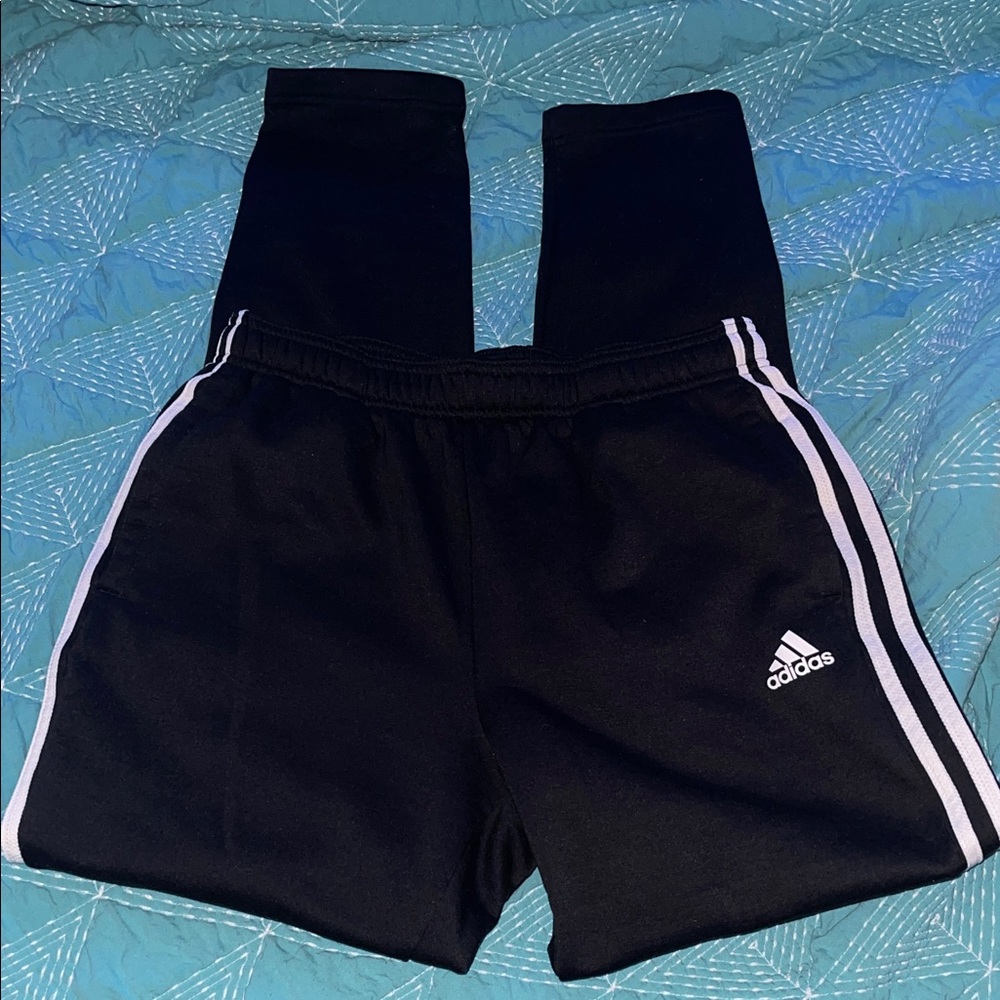 Adidas Size Medium Black Joggers with White Stripes.